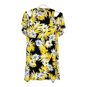 Tiana B. Spring Bright‎ Yellow & Black Floral Dress Women's Size M Short Sleeve